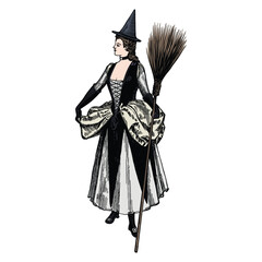 Vintage Witch with Broomstick – Hand Drawn Engraving Style Illustration