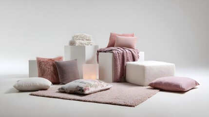 Studio with white background, minimalist cubes, pink cushions, cherry blankets and matching carpets.
Concept : Focuses on minimalist design, pastel aesthetics, and soft, modern styling.