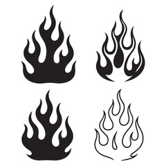  Black and white flame silhouette and outline style. Retro fire aesthetics, with flames.Flame silhouettes in 
classic 90s style, motorcycle and hot rod car style. Vector set