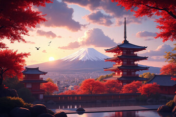 japanese landscape with a pagoda in the middle of it
