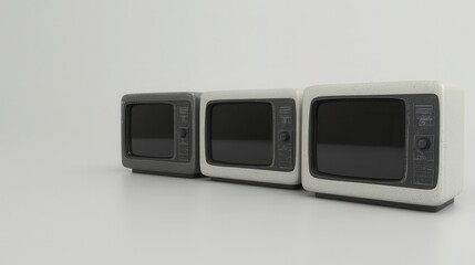 Fototapeta premium A trio of vintage-style televisions in grayscale hues is displayed against a minimalist background, Ideal for projects focused on retro themes, nostalgia, or vintage technology,