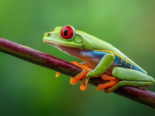 Obraz premium A vibrant red-eyed frog perched on the edge of its branch, ready to jump into action in the lush greenery.