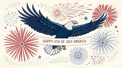 Majestic bald eagle spreads wings amidst festive fireworks and stars for independence day celebration