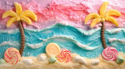 Colorful Candy Beach Scene with Palm Trees and Playful Waves in Pastel Tones Ideal for Summer Themes and Sweet Treat Promotions