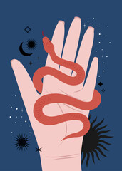 Magical illustration with a snake wrapping around a hand and the sun, moon and stars on a blue background