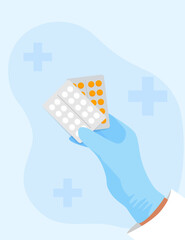 Doctor holding blister pack with pills in hand. Medical illustration with medicine.