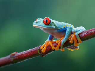 Naklejka premium A vibrant red-eyed frog perched on the edge of its branch, ready to jump into action in the lush greenery.