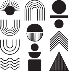 Abstract minimal element mid century vector set. Aesthetic contemporary stripe line art, geometric shape in monochrome. Art form design for wall art, decoration
