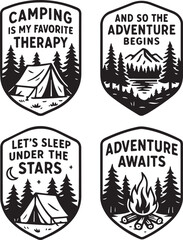 Outdoor adventure badge set featuring camping quotes and forest illustrations. Perfect for t-shirt designs, stickers, travel gear, or hiking-themed merchandise.
