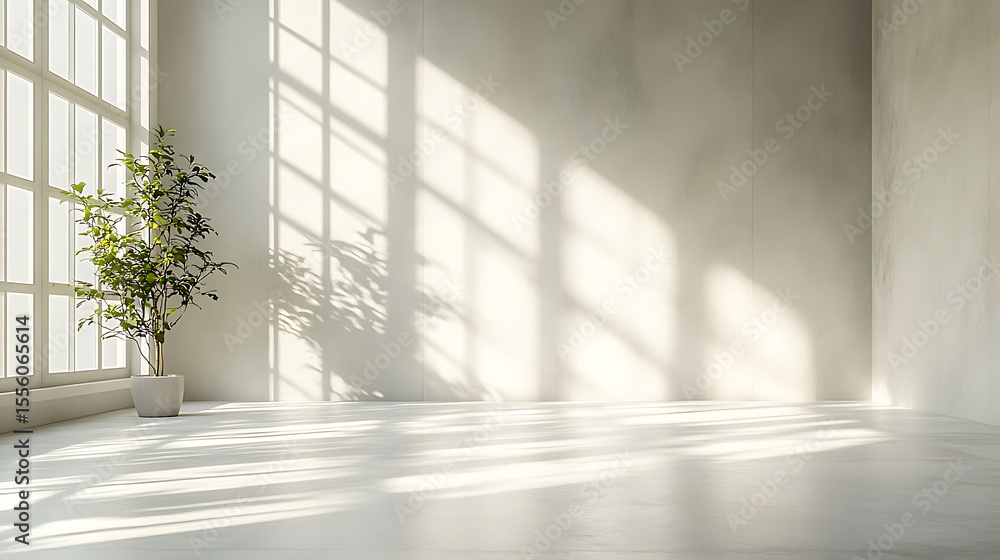 Aufkleber light and shadow play in an empty room with plant near a large window