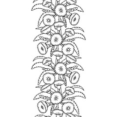 Stripe pattern with black and white line art canary islands flowers Tree Sonchus. Floral vertical seamless border with monochrome hand drawn millefleur style botanicals. Vector illustration