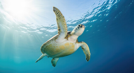 Majestic Sea Turtle Swimming Gracefully Beneath Sunlit Ocean Surface