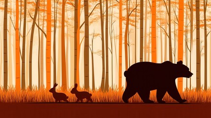 A bear and two rabbits wander through an autumn forest, showcasing a serene wildlife moment, This image can be used for nature-themed projects, educational materials