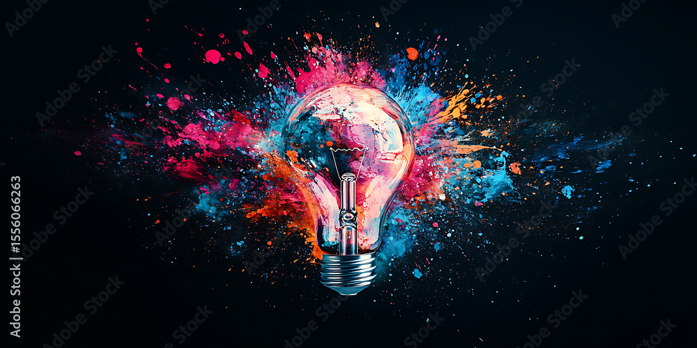 Poster light bulb with creative color explosion on dark background illustrating brilliant ideas innovation 