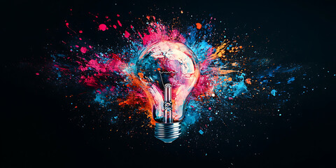 Light bulb with creative color explosion on dark background illustrating brilliant ideas innovation and inspiration generating positive concepts and representing artistic expression abstract design