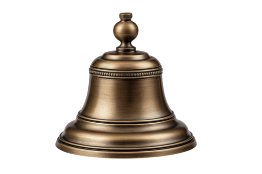 Golden metallic bell suspended, gleaming against transparent backdrop, waiting to resonate with melodic chime
