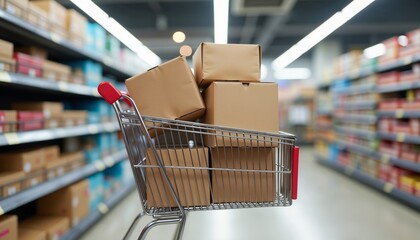 Shopping cart filled with cardboard boxes in a retail store aisle with shelves in the background