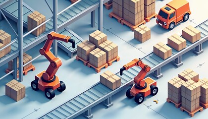 Automated robotic arms working with cardboard boxes in a warehouse environment with a delivery truck