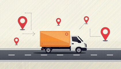 Illustration of a delivery truck on the road with location pins indicating tracking and logistics