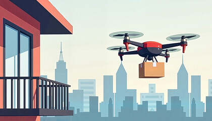 Illustration of a delivery drone flying with a cardboard box near a balcony against a city skyline