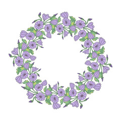 Hand drawn line art canary islands flowers mallow bindweed wreath. Card template with cute floral frame. Botanical vector illustration isolated on white.