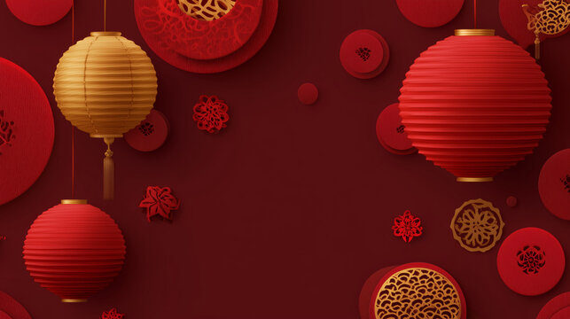 Red and Gold Lanterns with Floral Patterns on a Deep Red Background