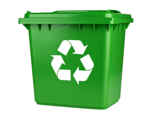 Green recycling bin with recycling symbol, isolated on transparent background PNG