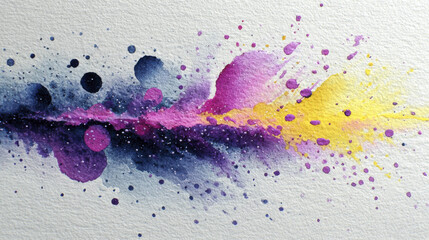 Abstract watercolor artwork featuring vibrant splashes of purple, pink, and yellow, creating sense of breath and silence. dynamic composition evokes emotion and creativity