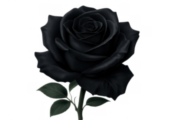 Realistic black rose with green leaves on a transparent background, symbolizing elegance, mystery, and unique beauty