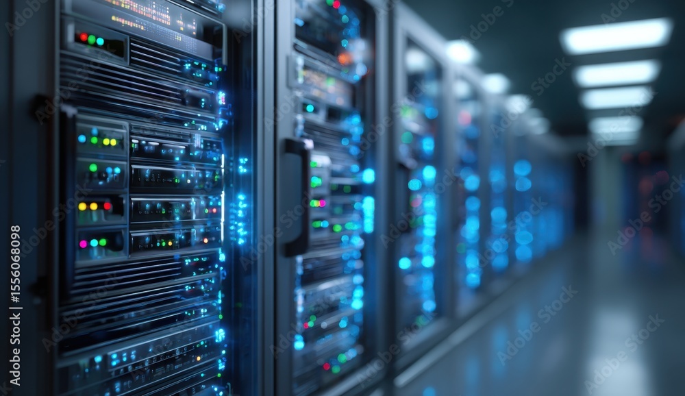 Aufkleber glowing data streams illuminate a modern server room's powerful network infrastructure.