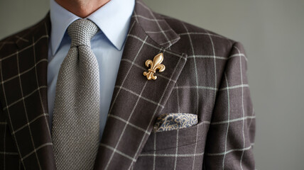 A close-up photograph of a well-tailored business suit. The suit jacket is dark brown with a distinctive windowpane check pattern in lighter brown .