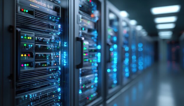 Glowing Data Streams Illuminate a Modern Server Room's Powerful Network Infrastructure.