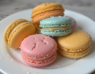 Fototapeta premium Assortment of colorful macarons, sweet meringue-based confections made with almond flour, egg whites, and sugar.