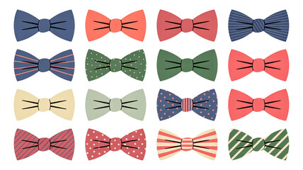 A collection of 16 bow tie illustrations arranged in a 4x4 grid against a white background.