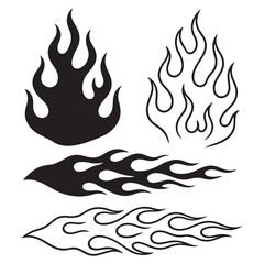  Black and white flame silhouette and outline style. Retro fire aesthetics, with flames.Flame silhouettes in 
classic 90s style, motorcycle and hot rod car style. Vector set