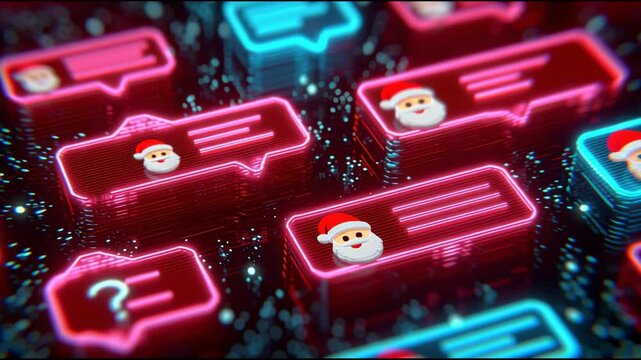 Colorful digital chat bubbles float against a backdrop filled with bright lights. Each bubble features emojis of Santa Claus, creating a festive atmosphere perfect for holiday communications