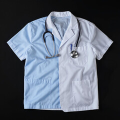 white shirt on a black background, Stethoscope tucked.Close-up of stethoscope, eyeglasses and a pen...
