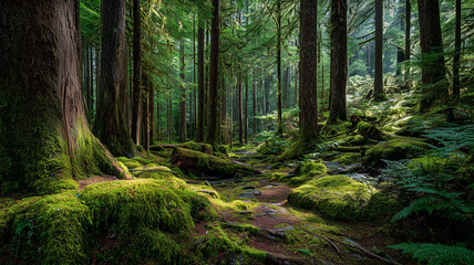 Fototapeta premium 光降り注ぐ古代温帯雨林の深遠なる神秘