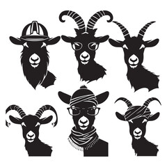 set of black various goat vector silhouettes isolated on white background