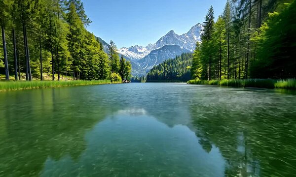 Lake water ripple with forest mountain reflection