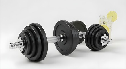 Black adjustable dumbbell weights for fitness workout and strength training isolated on white.