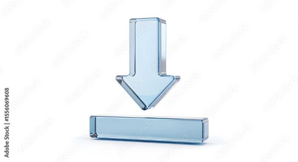 Aufkleber glass arrow pointing down to bar | transparent download symbol for website ui design, data transfer 