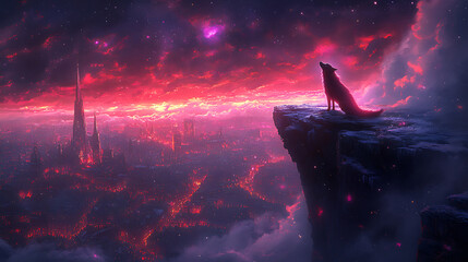 Lone wolf howling at crimson skies above futuristic city on cliff edge fantasy landscape scene