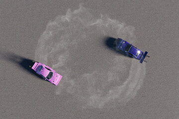 ピンク色と青色の2台の改造車でドーナツターンとドリフトするイメージ
