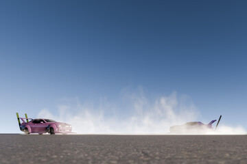 ピンク色と青色の2台の改造車でドーナツターンとドリフトするイメージ
