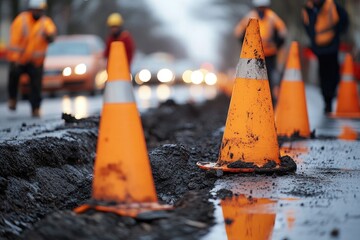 Road repair with orange traffic cones