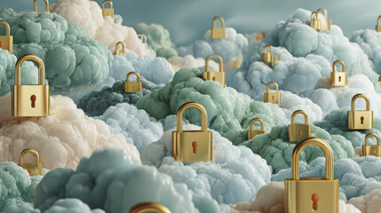 Artistic concept of locks among colorful clouds, symbolizing security and privacy in digital landscape. image evokes sense of protection and innovation