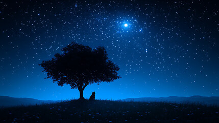 Lone wolf howling under starry night sky next to the silhouette of a tree in tranquil landscape