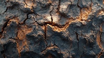 Close-up of an ancient tree trunk with deep, rugged bark, cracks, and moss, bathed in golden light