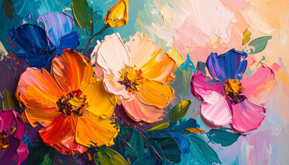 Modern botanical abstraction. Beautiful flowers. Thick acrylic daubs. Hand drawn